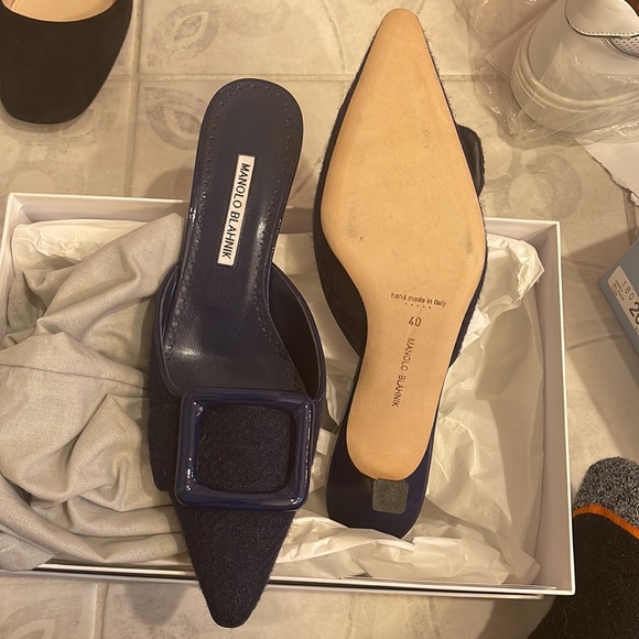 Navy blue kitten heel tweed and patent leather mules manolo blanik nwt - Picture 2 of 4